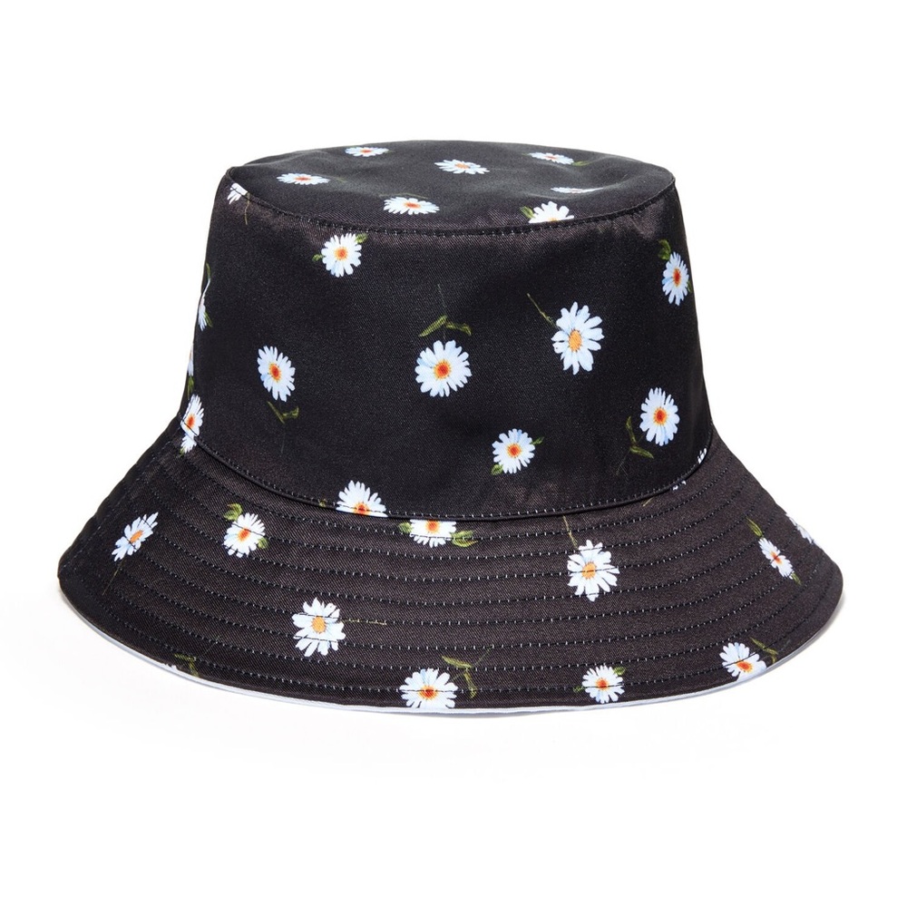 Alice and Olivia Black Floral Print Reversible Bucket Hat